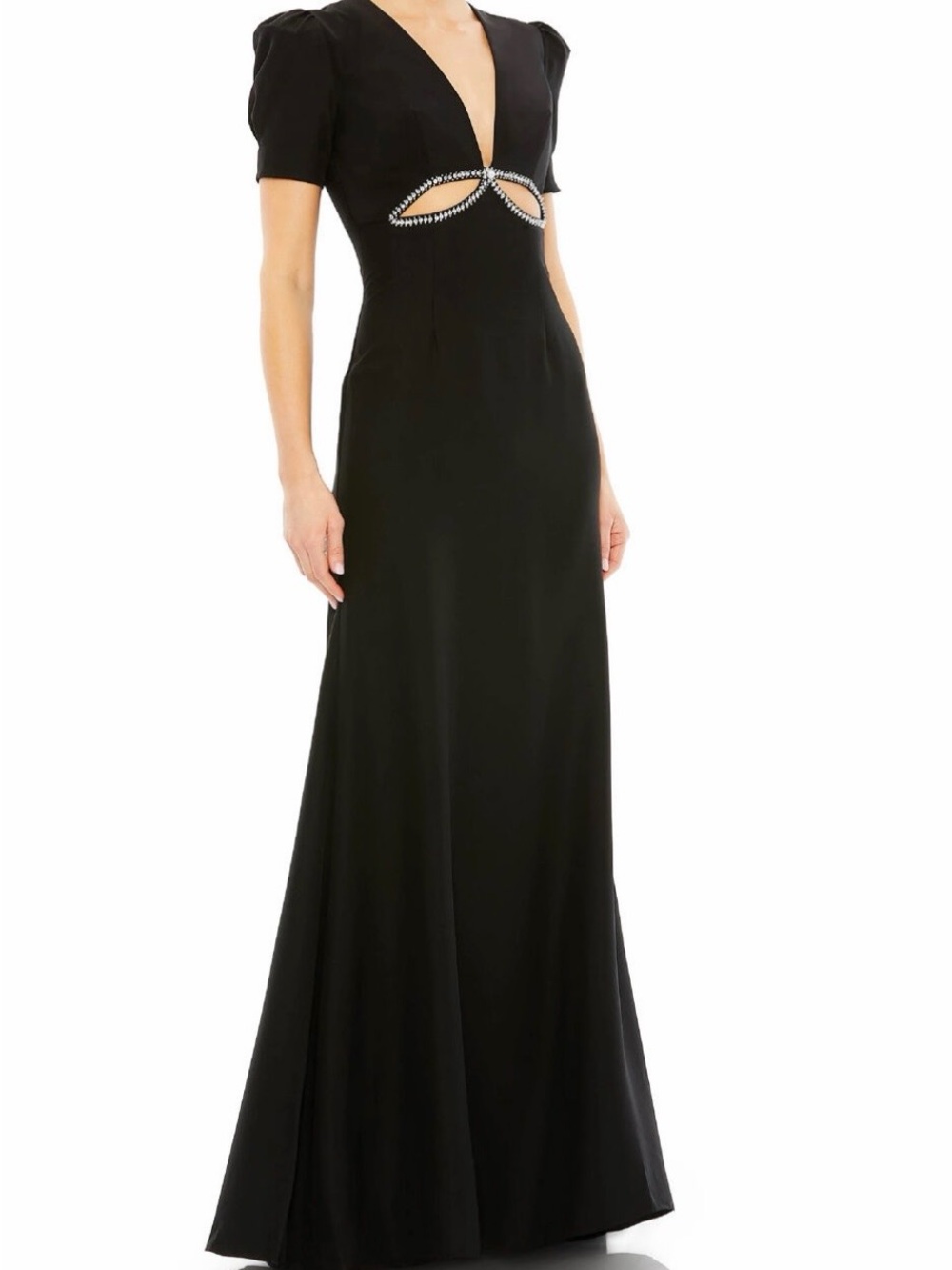 Mac Duggal Black Maxi Dress with Rhinestone Cutout Trim